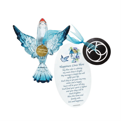 Acrylic Bluebird Ornament: blue glass bird with "Happiness lives here" charm. Available in 3" and 5" sizes.