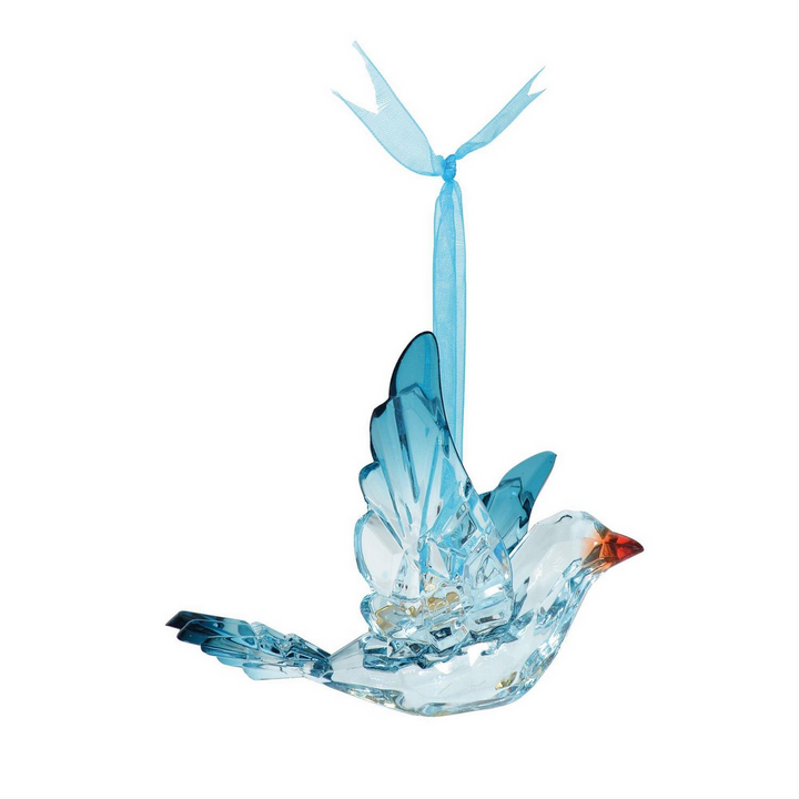 Acrylic Bluebird Ornament: blue bird with orange beak, acrylic, hangs from blue ribbon. Sizes available: small, medium, large.