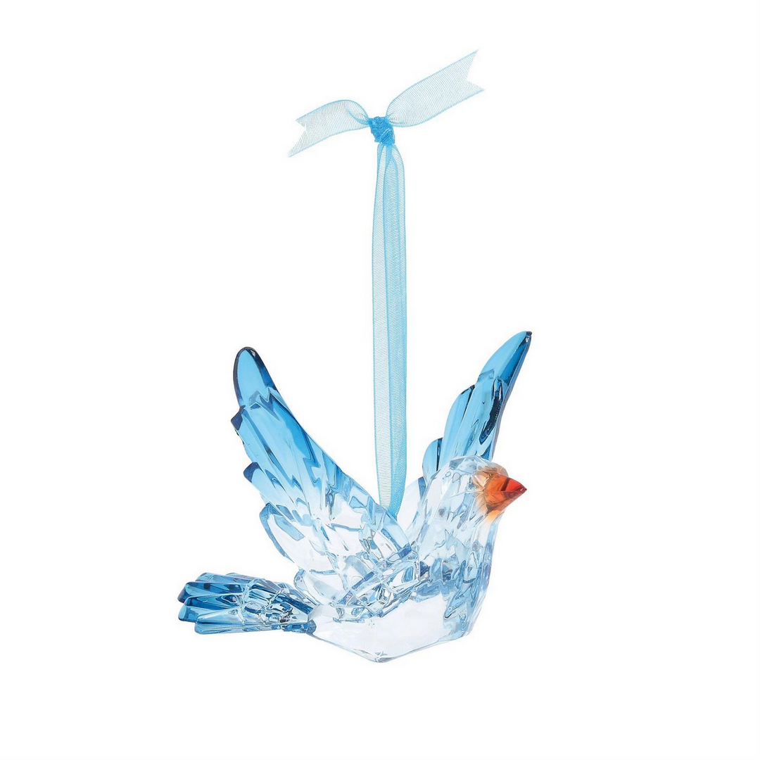 Blue acrylic bird ornament with outstretched wings, orange beak, and light blue ribbon. Available sizes: small, medium, large.