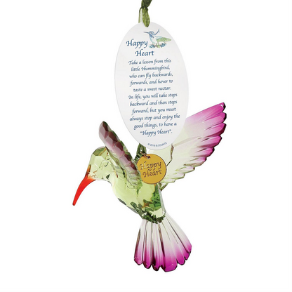 Sparkling acrylic hummingbird ornaments in green, pink, purple. Includes "Happy Heart" charm. Sizes: small and large.