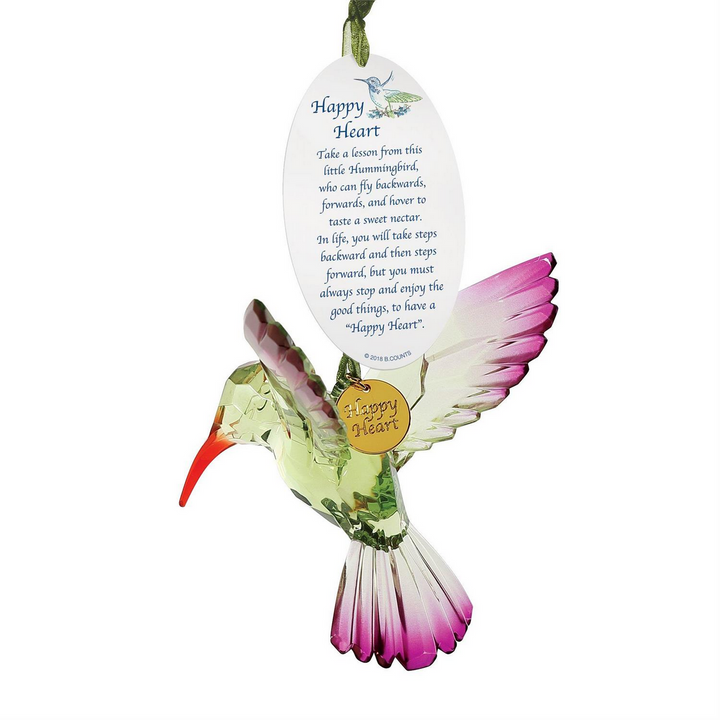 Sparkling acrylic hummingbird ornaments in green, pink, purple. Includes "Happy Heart" charm. Sizes: small and large.