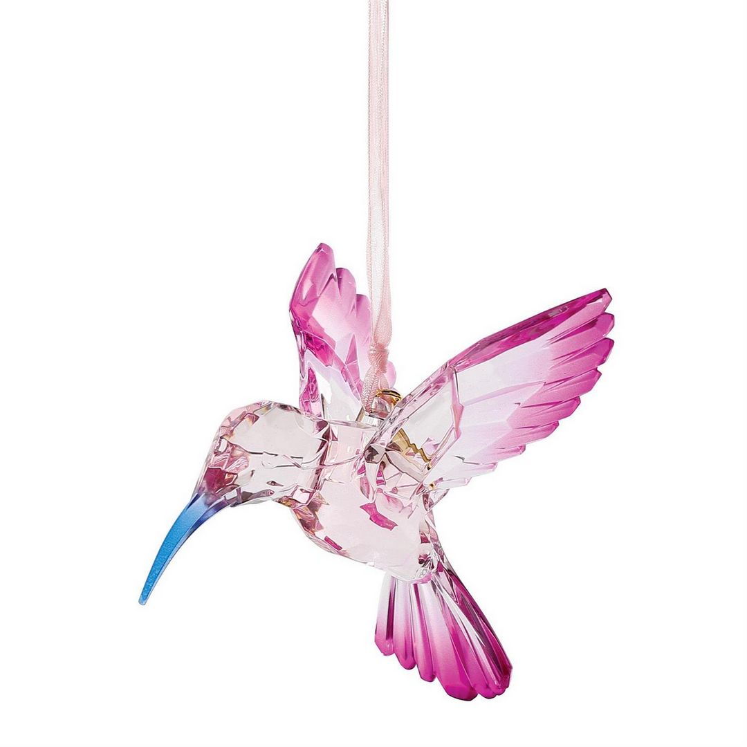 Hummingbird Ornaments: faceted acrylic, pink wings/tail, clear body, blue beak, pink ribbon hanger. Sizes available.
