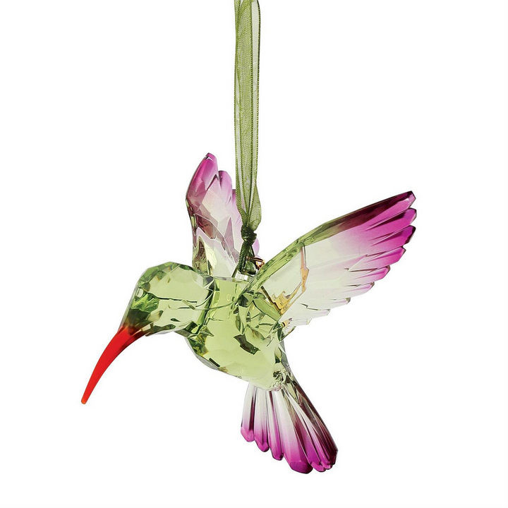 Crystal acrylic hummingbird ornaments, green/pink hues, red beaks, green ribbon. Available in 3", 5", and 7" sizes.