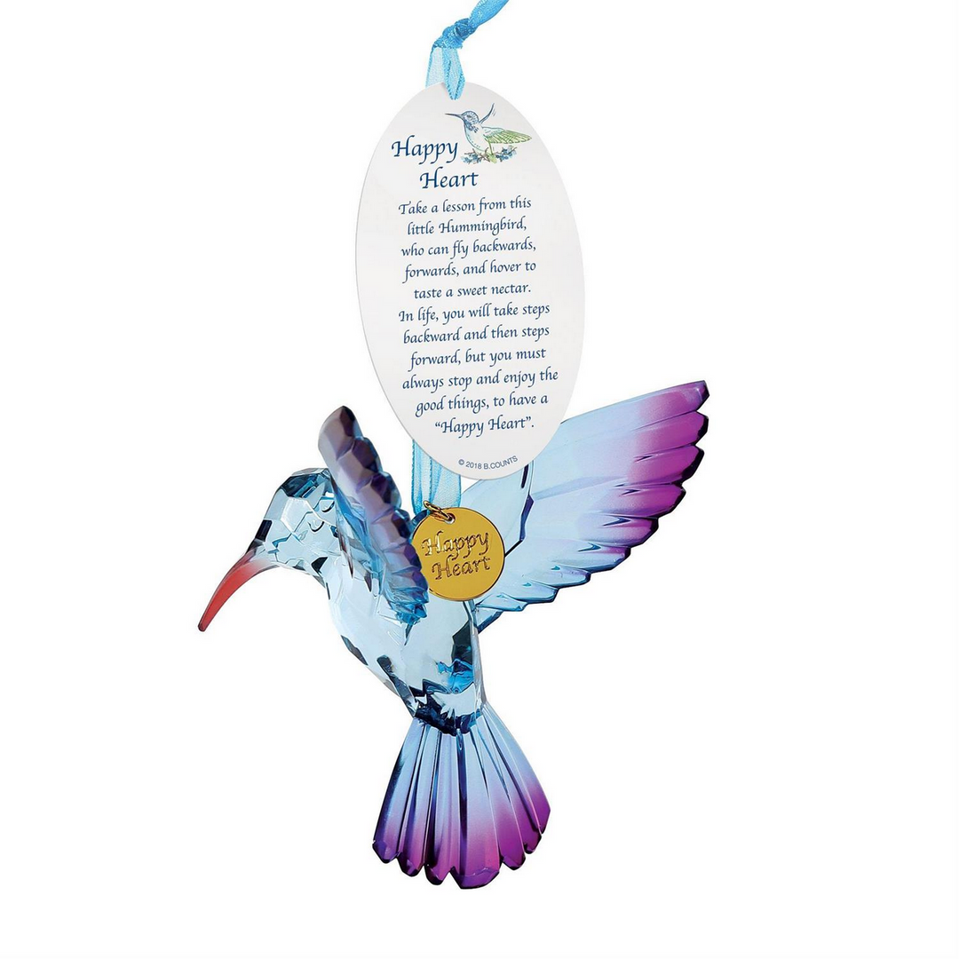Blue and purple acrylic hummingbird ornaments with blue ribbon and "Happy Heart" tag. Sizes: small, medium, large.