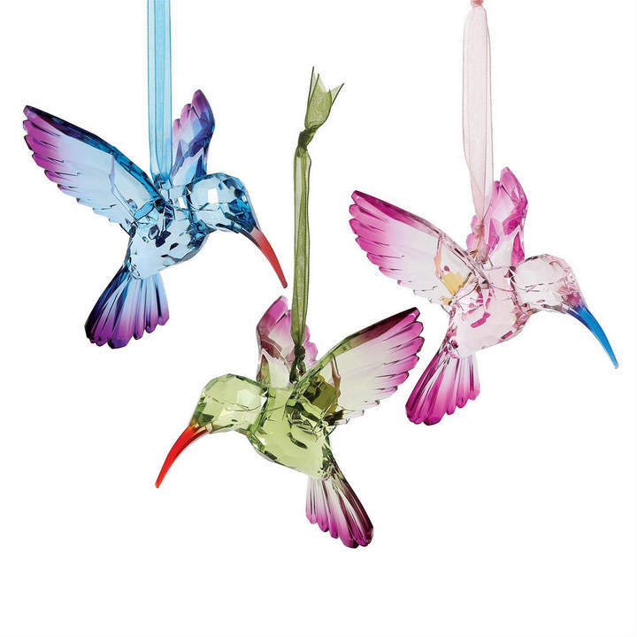 Set of three acrylic hummingbird ornaments—blue, green, pink—with gradient wings; includes hanging ribbons. Sizes: 3", 4", 5".
