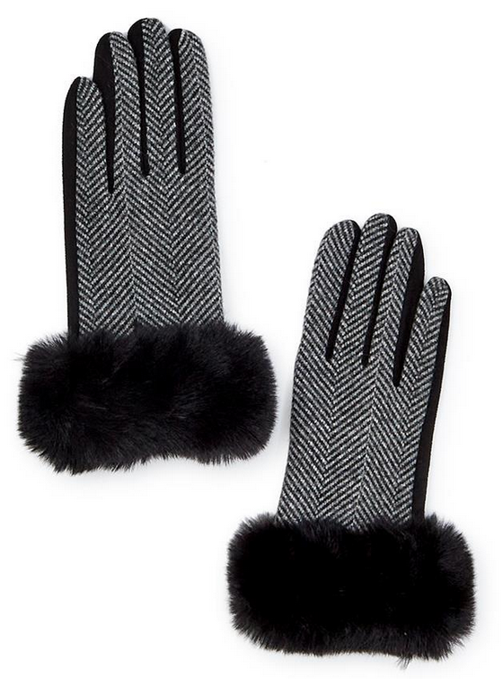 Herringbone Glove with Super Soft Microsuede Trim and Touchscreen Fingertip. Sleek design in gray herringbone fabric, black faux fur cuffs, and accents. Sizes: S, M, L.