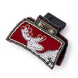 Red Yuletide Beadacious hand-beaded claw clip with a white beaded reindeer and gold trim. Available in all sizes.