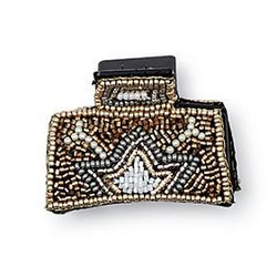 Yuletide Beadacious Hand Beaded Claw Clips: a rectangular hair claw clip with metallic and white geometric beadwork.