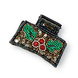 Yuletide Beadacious hand-beaded rectangular hair claw clip with green and gold beads and three red accent stones.