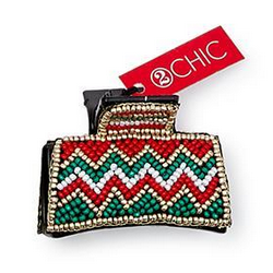 Yuletide Beadacious hand-beaded black claw clip with red, green, white, and gold chevron-patterned beads.