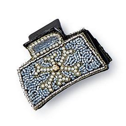 Yuletide Beadacious Hand Beaded Claw Clips, black claw clip with blue and cream cross-pattern seed beads.
