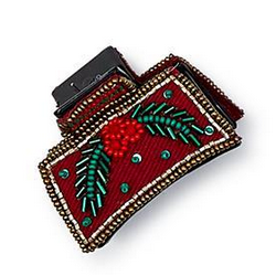 Yuletide Beadacious hand-beaded red claw hair clip with holly and pine needle embroidery. Available in one size.