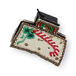 Yuletide Beadacious Hand Beaded Claw Clip: black plastic claw featuring a hand-beaded candy cane and holly design.