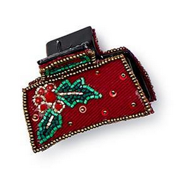 Yuletide Beadacious Hand Beaded Claw Clip in red with a holly berry and leaf design.