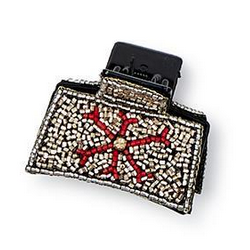 Yuletide Beadacious Hand Beaded Claw Clip in black with a silver and red star pattern.