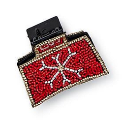 Yuletide Beadacious Hand Beaded Claw Clip in black with a red beaded panel and white snowflake design.