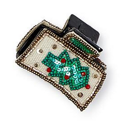 Yuletide Beadacious Hand Beaded Claw Clips, black plastic with white beads and a green sequined Christmas tree pattern.