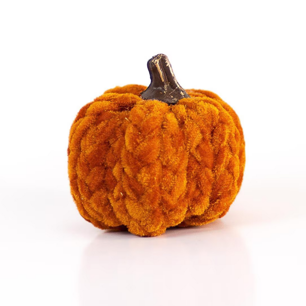 The Flocked Palmer & Scottie Pumpkins are small plush pumpkins with bright orange textured fabric and a dark brown stem. Available sizes: Small, Medium, Large.