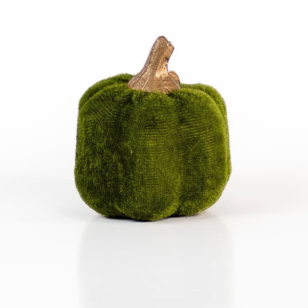 Small green Flocked Palmer & Scottie velvet pumpkin with a brown fabric stem. Soft, textured appearance. Sizes available: Small.