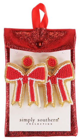 Classic Holiday Beaded Earrings shaped like red and white beaded bows.
