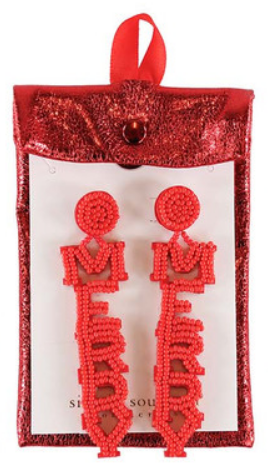 Classic Holiday Beaded Earrings: red beaded drop earrings spelling “MERRY” in a metallic red pouch.