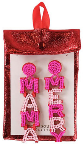 Pink and white beaded “MAMA” and “MERRY” holiday earrings on a display card in a red metallic pouch.