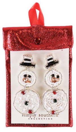 Snowman-shaped beaded holiday earrings with black and white top hats.