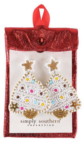 Classic Holiday beaded Christmas tree earrings with gold star accents.