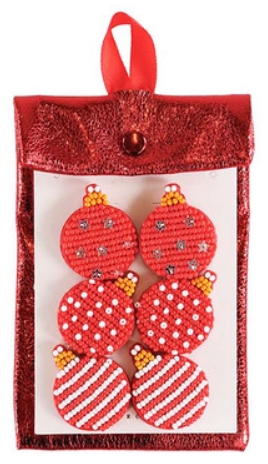 Classic Holiday Beaded Earrings: three pairs of festive ornament earrings with star, polka dot, and striped patterns.