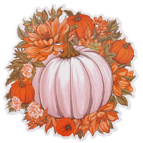 **Pumpkin Table Placemat Cutout**

- **Design:** Central white pumpkin with smaller orange pumpkins, orange, pink, and brown flowers and leaves
- **Theme:** Vibrant autumnal arrangement
- **Ideal For:** Thanksgiving spread
- **Sizes Available:** One standard size