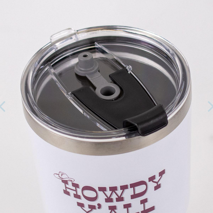 The Howdy Y'all Tumbler from the Gameday Collection features a stainless steel white design with a clear plastic lid and black sliding mouthpiece. The front showcases "HOWDY Y'ALL" in maroon with a small cowboy hat illustration above the letter "H." Available sizes: 12 oz, 20 oz, and 30 oz.