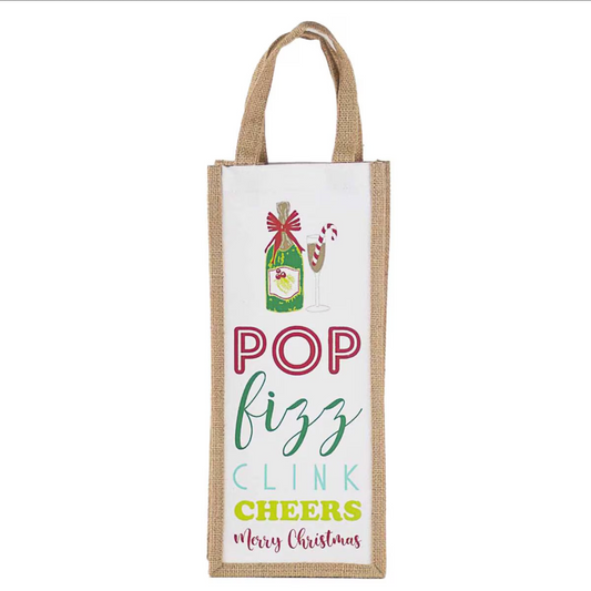 Holiday Wine Bags: Festive illustrations of champagne and text "Pop Fizz Clink Cheers Merry Christmas." Sturdy handles for easy carrying. Sizes available: Standard wine bottle size.