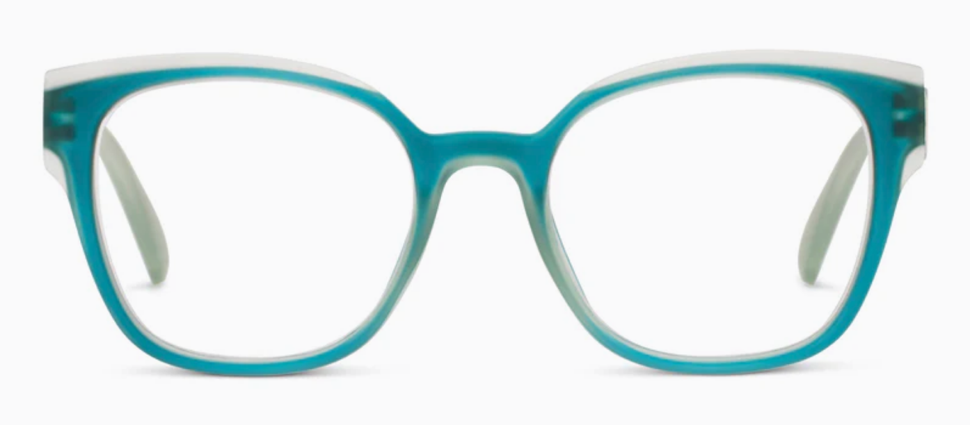 The 'Peepers- If You Say So' eyeglasses have transparent teal rectangular frames and wavy white temples with a chic color-block design. Available in sizes: Medium.