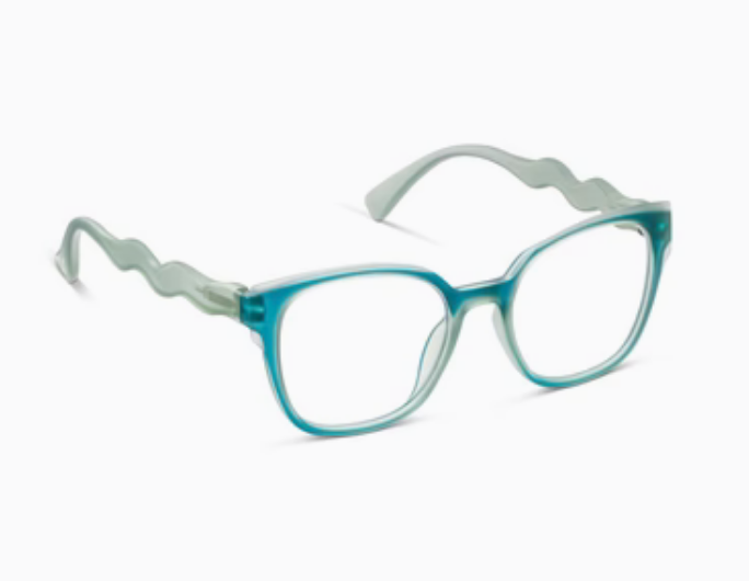 The Peepers "If You Say So" eyeglasses have teal rectangular frames with wavy temples, offering a color-block effect. Sizes available: Standard.