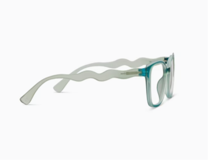 Peepers- If You Say So glasses feature transparent teal frames with wavy temples and a color-block illusion on translucent arms. Available in sizes: Small, Medium, Large.