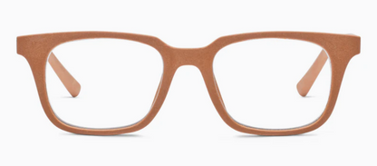 Peepers- Linden: Matte light brown rectangular eyeglasses with clear lenses, designed for comfort. Sizes: small, medium, large.