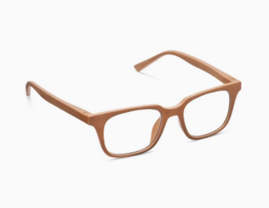 Classic brown rectangular eyeglasses with thick frames, designed for comfort. Available in small, medium, and large sizes.