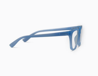 Peepers Nola glasses with translucent blue plastic, thick rectangular frames, and wide arms. Available in sizes S, M, L.