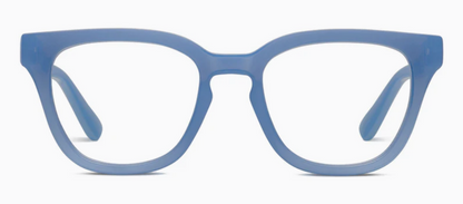 Peepers Nola blue rectangular glasses with slightly rounded edges, available in small and medium sizes.