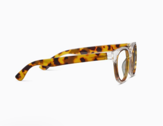 Peepers- Olympia sunglasses with clear frames and tortoiseshell-patterned temples. Available in one size.