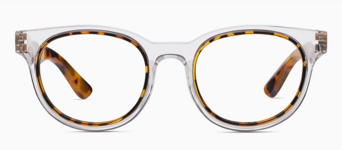 Olympia eyeglasses feature clear round frames with tortoiseshell-patterned temples. Available in size: Medium (49-21-145).