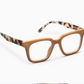 The Peepers- Starlet eyeglasses have square, light brown frames and tortoiseshell-patterned arms with color-blocked temples. Available in standard size.