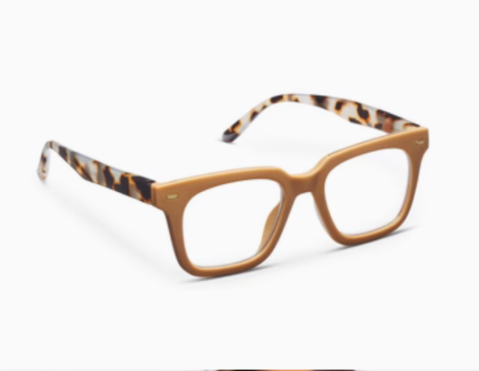 The Peepers- Starlet eyeglasses have square, light brown frames and tortoiseshell-patterned arms with color-blocked temples. Available in standard size.