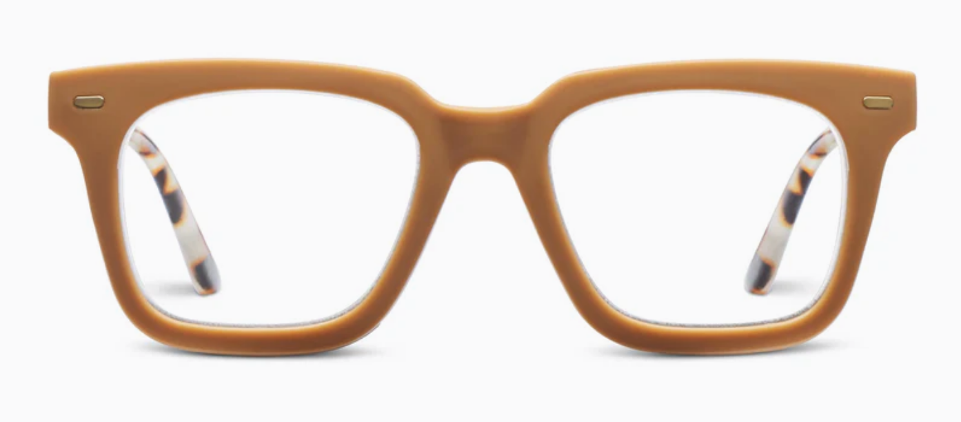 The Peepers- Starlet eyeglasses feature a sleek rectangular matte brown frame with clear lenses. They have color-blocked temples, subtle striped patterns inside, and elegant gold accents for a modern aesthetic. Available sizes: Medium.