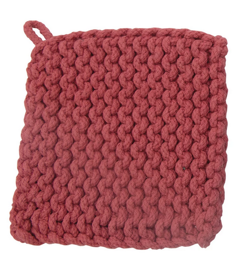 **Primary Color Crocheted Pot Holder**

- Square, thick, crocheted pot holder
- Dusty rose color with a loop at one corner
- Made from chunky yarn in a tightly woven pattern
- Cotton material 
- Heat-resistant 

**Sizes Available:** Standard