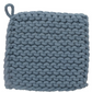 Blue cotton chunky-knit pot holder with thick woven texture. Heat-resistant with a hanging loop in one corner. Available sizes: 7"x7", 9"x9".