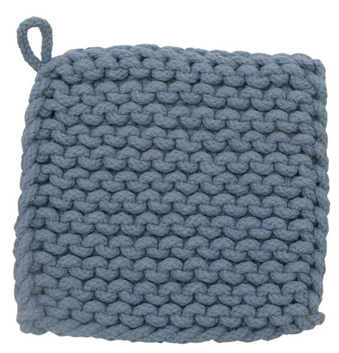 Blue cotton chunky-knit pot holder with thick woven texture. Heat-resistant with a hanging loop in one corner. Available sizes: 7"x7", 9"x9".