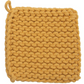 Square Primary Color Crocheted Pot Holder: Vibrant yellow, hand-knitted with chunky yarn in a tight, uniform pattern. Features a convenient loop for hanging. Available sizes: 7"x7", 9"x9".