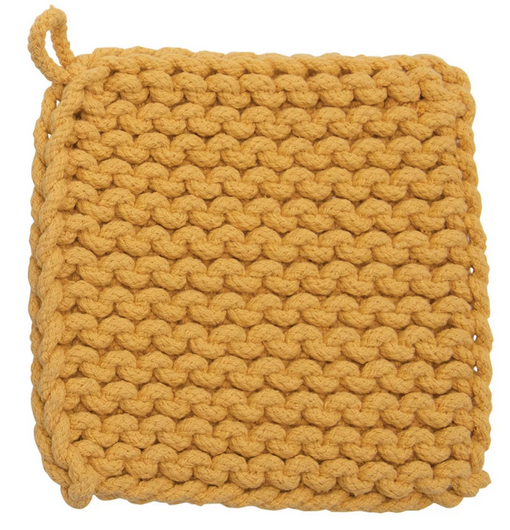 Square Primary Color Crocheted Pot Holder: Vibrant yellow, hand-knitted with chunky yarn in a tight, uniform pattern. Features a convenient loop for hanging. Available sizes: 7"x7", 9"x9".
