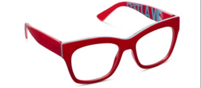 Bold red rectangular Peepers C'est La Vie eyeglass frames with light blue inner arms. Available in multiple sizes.